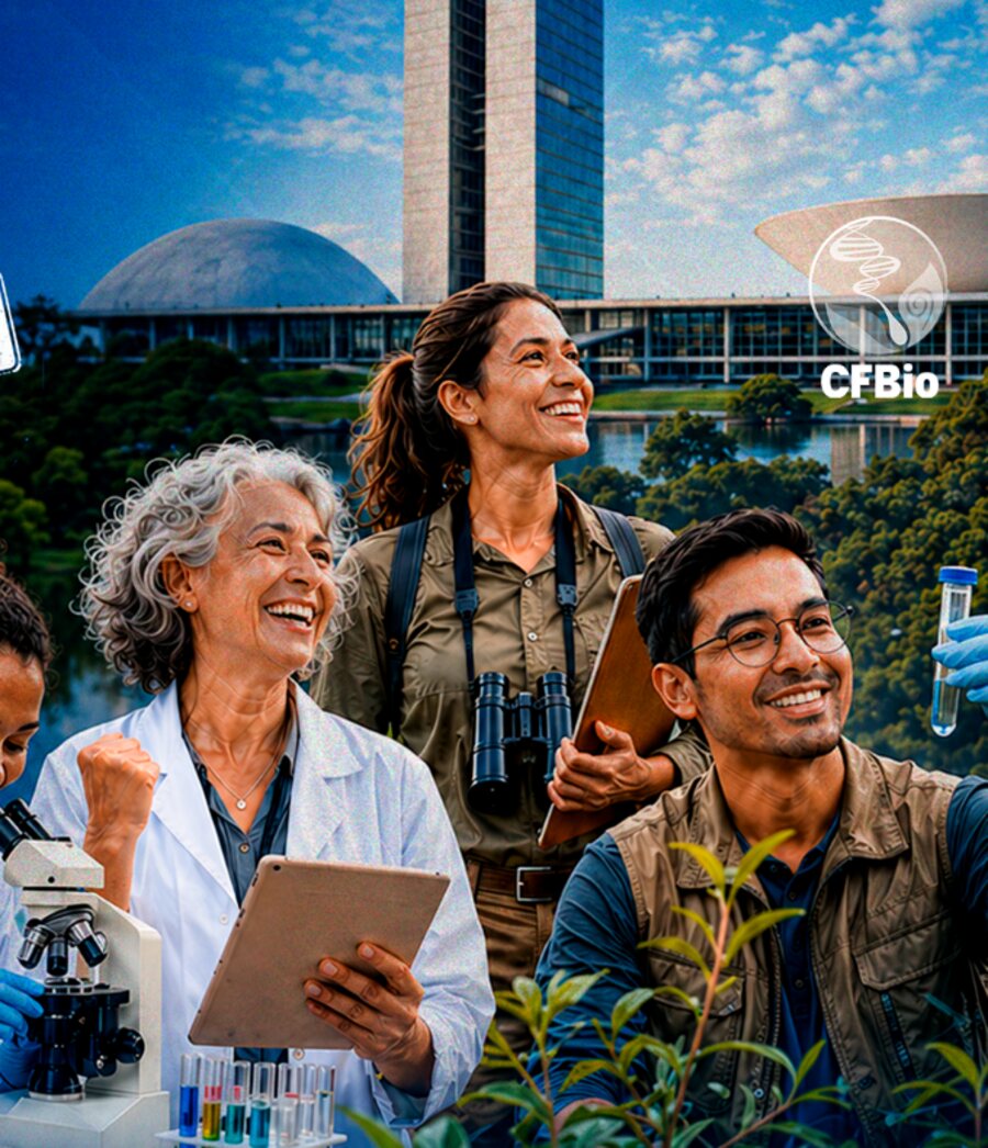 Biólogas e biólogos em atividade de campo e laboratório